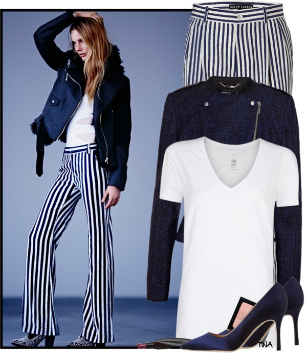 navy and white striped pants outfit