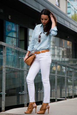Blue Shirt & White Jeans - Tina Chic