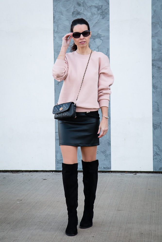 Pink Sweatshirt & Black Mini Skirt - Tina Chic