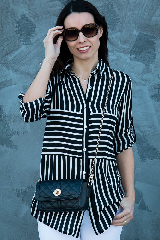 Black Striped Blouse & White Jeans - Tina Chic