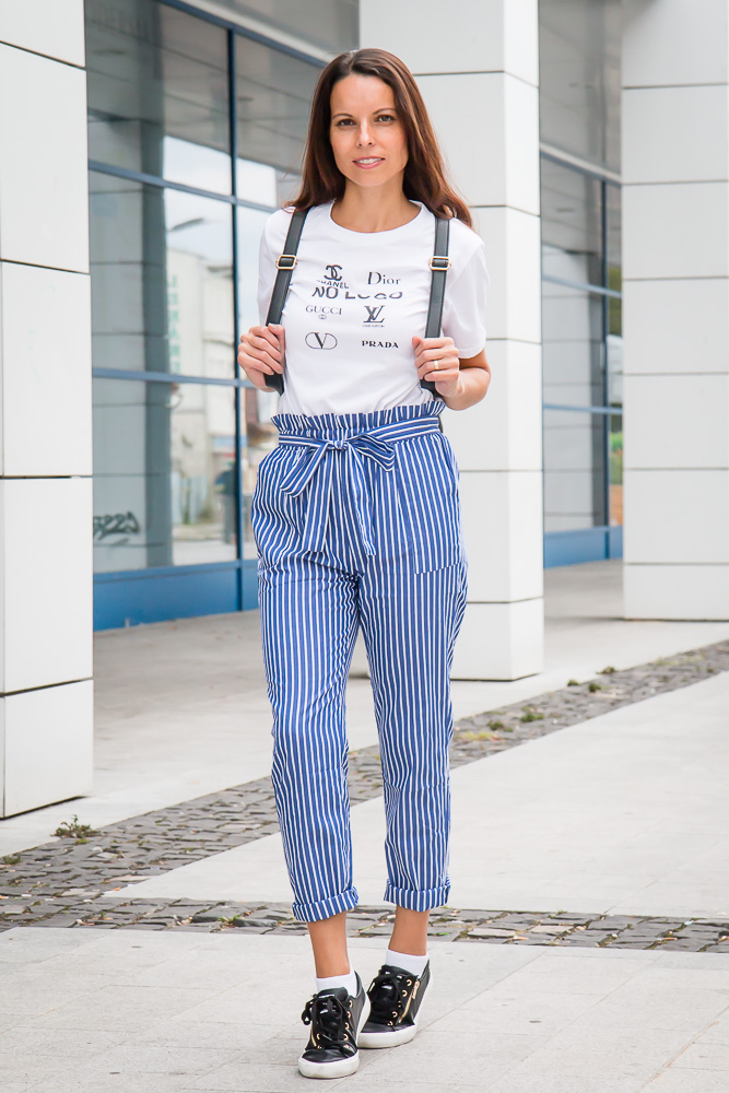 blue and white striped pants